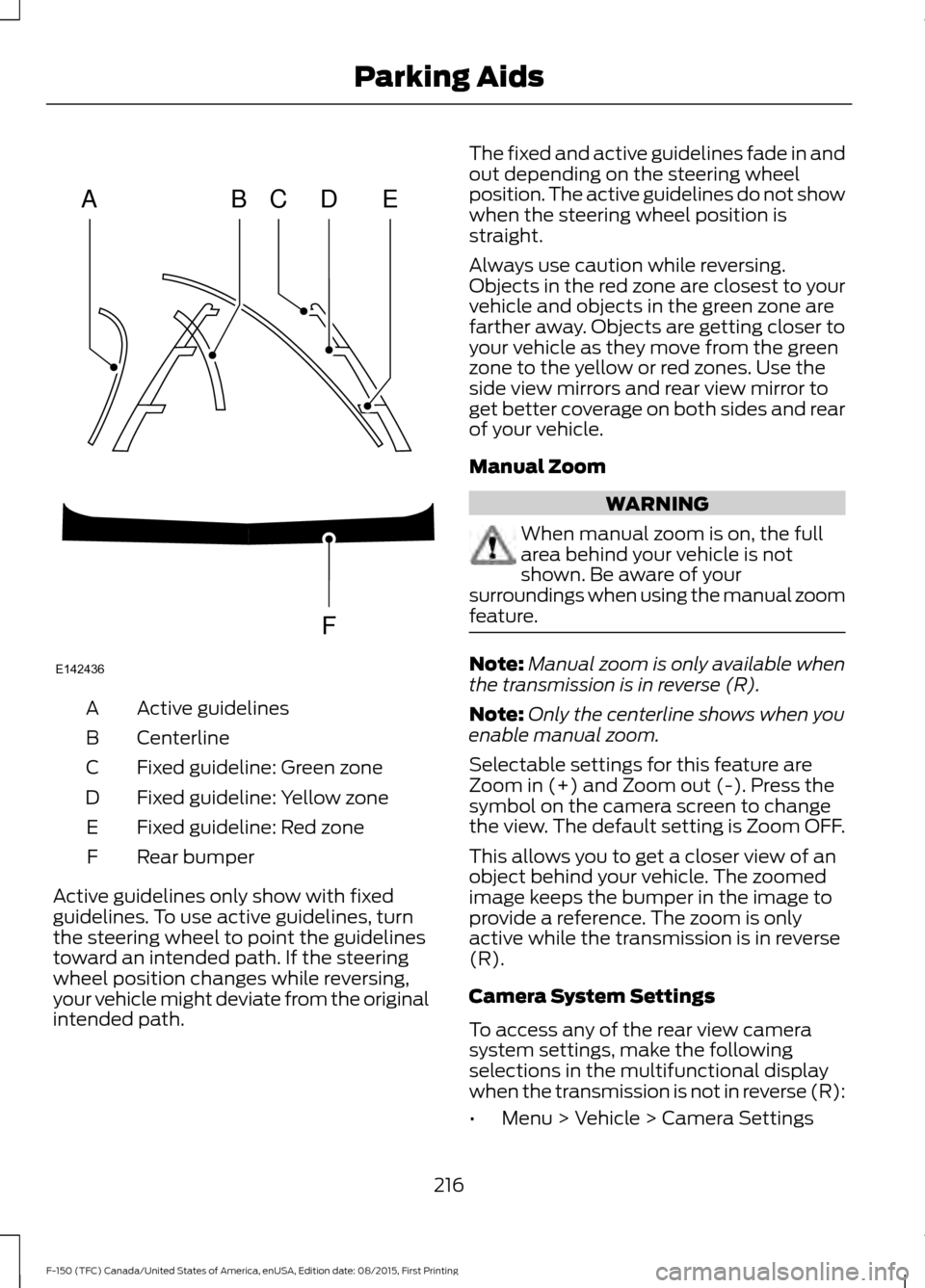 FORD F150 2016 13.G Owners Manual Active guidelines
A
Centerline
B
Fixed guideline: Green zone
C
Fixed guideline: Yellow zone
D
Fixed guideline: Red zone
E
Rear bumper
F
Active guidelines only show with fixed
guidelines. To use active
