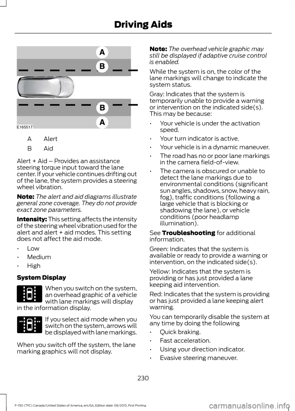 FORD F150 2016 13.G Owners Manual Alert
A
AidB
Alert + Aid – Provides an assistance
steering torque input toward the lane
center. If your vehicle continues drifting out
of the lane, the system provides a steering
wheel vibration.
No