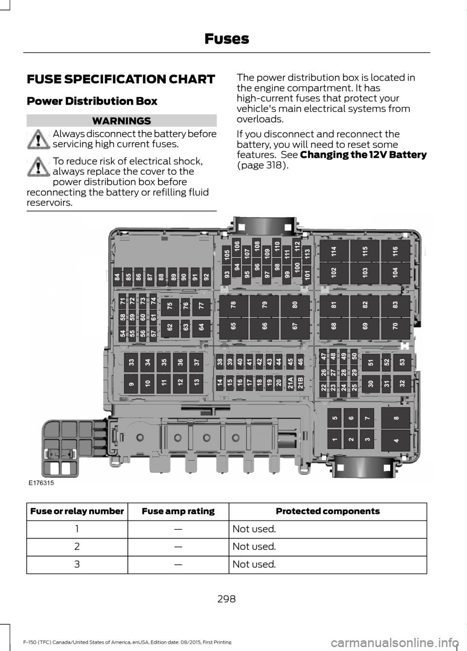 FORD F150 2016 13.G Owners Manual FUSE SPECIFICATION CHART
Power Distribution Box
WARNINGS
Always disconnect the battery before
servicing high current fuses.
To reduce risk of electrical shock,
always replace the cover to the
power di