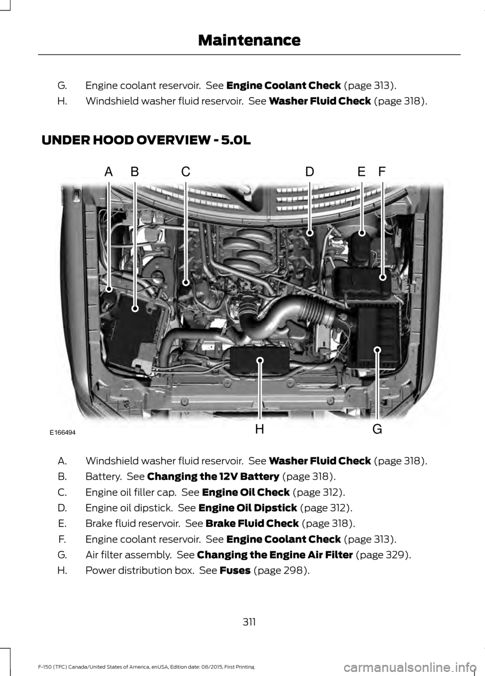 FORD F150 2016 13.G Owners Manual Engine coolant reservoir.  See Engine Coolant Check (page 313).
G.
Windshield washer fluid reservoir.  See 
Washer Fluid Check (page 318).
H.
UNDER HOOD OVERVIEW - 5.0L Windshield washer fluid reservo