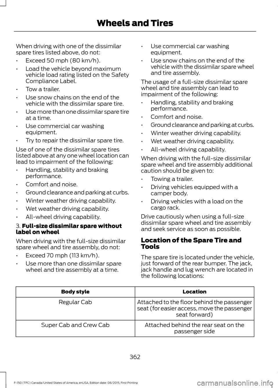 FORD F150 2016 13.G Owners Manual When driving with one of the dissimilar
spare tires listed above, do not:
•
Exceed 50 mph (80 km/h).
• Load the vehicle beyond maximum
vehicle load rating listed on the Safety
Compliance Label.
