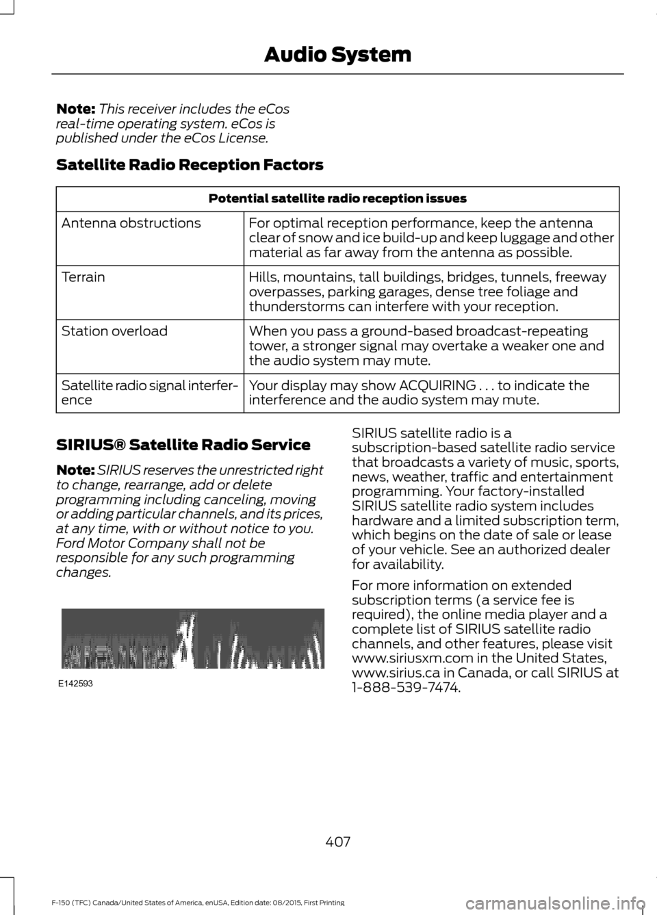 FORD F150 2016 13.G Owners Manual Note:
This receiver includes the eCos
real-time operating system. eCos is
published under the eCos License.
Satellite Radio Reception Factors Potential satellite radio reception issues
For optimal rec