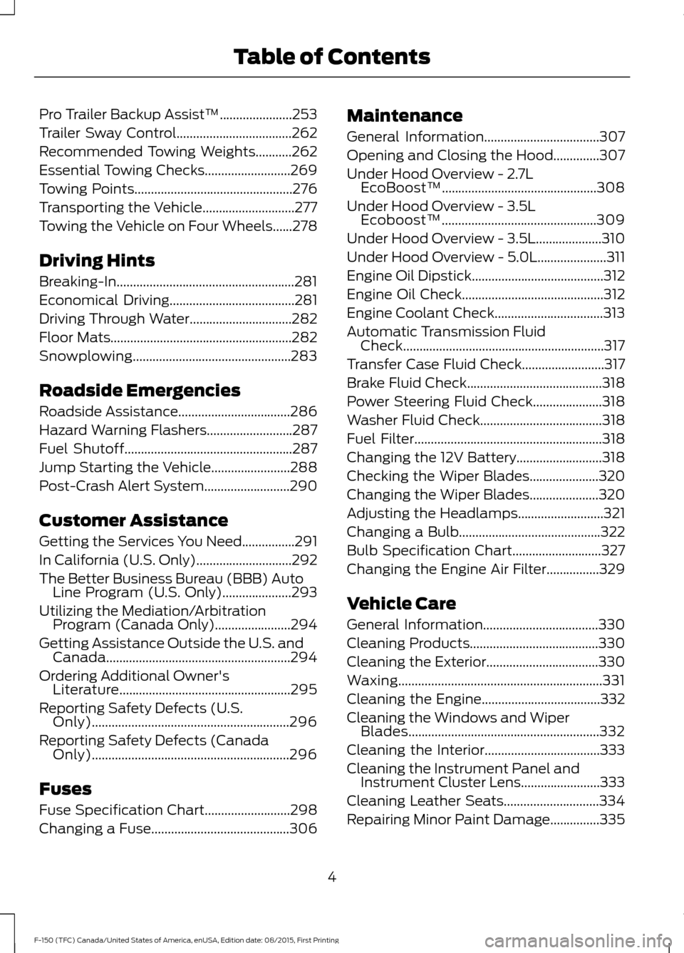 FORD F150 2016 13.G Owners Manual Pro Trailer Backup Assist™......................253
Trailer Sway Control...................................262
Recommended Towing Weights...........262
Essential Towing Checks
......................