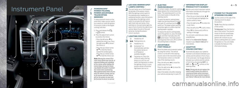 FORD F150 2016 13.G Quick Reference Guide 7
566
8
4231
1
3
5
6
7
8
4
LED SIDE-MIRROR SPOT 
LAMPS CONTROL*
The spot lamps are on the forward-
facing side of the exterior mirrors. 
With the lighting control switch in 
the parking lamps, headlam