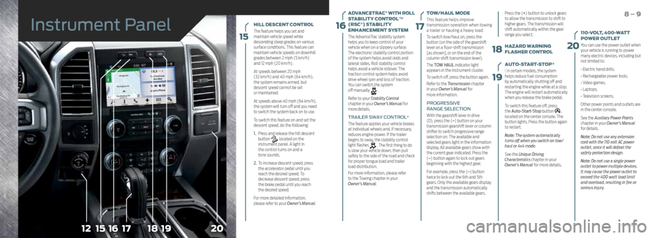 FORD F150 2016 13.G Quick Reference Guide 191816171520
16
18
19
20
15
12
ADVANCETRAC® WITH ROLL
STABILITY CONTROL™
(RSC
®) STABILITY
ENHANCEMENT SYSTEM
The AdvanceTrac stability system
helps you to keep control of your
vehicle when o FORD F150 2016 13.G Quick Reference Guide 191816171520
16
18
19
20
15
12
ADVANCETRAC® WITH ROLL
STABILITY CONTROL™
(RSC
®) STABILITY
ENHANCEMENT SYSTEM
The AdvanceTrac stability system
helps you to keep control of your
vehicle when o