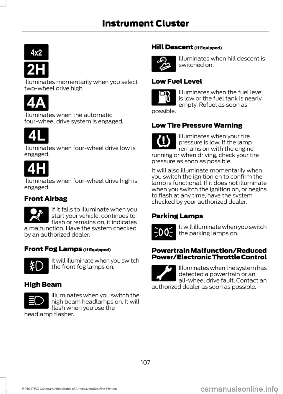 FORD F150 2017 13.G Owners Manual Illuminates momentarily when you select
two-wheel drive high.
Illuminates when the automatic
four-wheel drive system is engaged.
Illuminates when four-wheel drive low is
engaged.
Illuminates when four FORD F150 2017 13.G Owners Manual Illuminates momentarily when you select
two-wheel drive high.
Illuminates when the automatic
four-wheel drive system is engaged.
Illuminates when four-wheel drive low is
engaged.
Illuminates when four