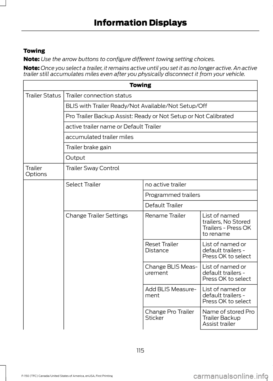 FORD F150 2017 13.G Owners Manual Towing
Note:
Use the arrow buttons to configure different towing setting choices.
Note: Once you select a trailer, it remains active until you set it as no longer active. An active
trailer still accum FORD F150 2017 13.G Owners Manual Towing
Note:
Use the arrow buttons to configure different towing setting choices.
Note: Once you select a trailer, it remains active until you set it as no longer active. An active
trailer still accum