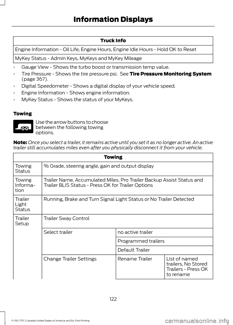 FORD F150 2017 13.G Owners Manual Truck Info
Engine Information - Oil Life, Engine Hours, Engine Idle Hours - Hold OK to Reset
MyKey Status - Admin Keys, MyKeys and MyKey Mileage
• Gauge View - Shows the turbo boost or transmission 