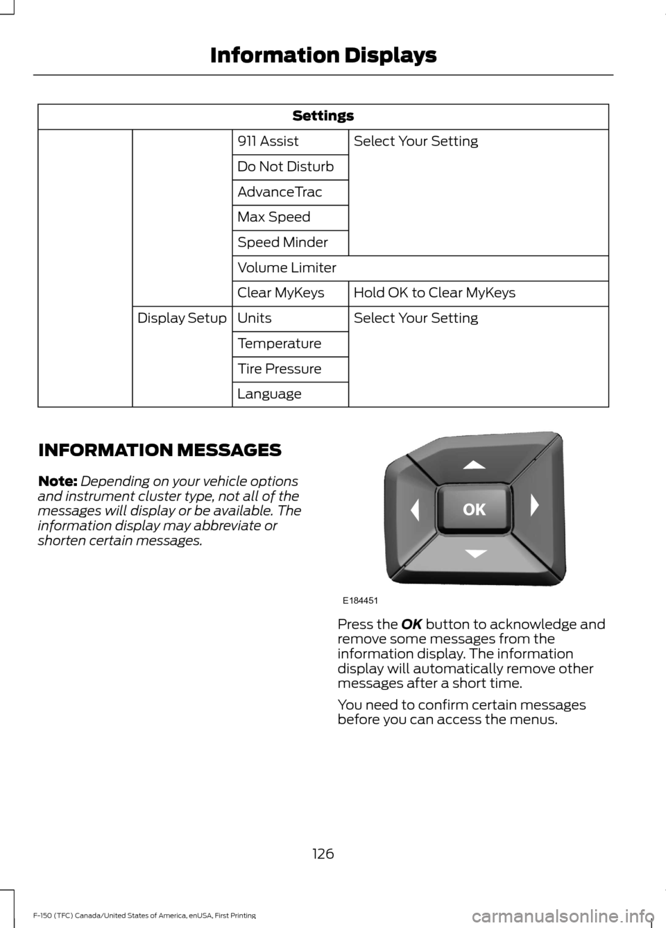 FORD F150 2017 13.G Owners Manual Settings
Select Your Setting
911 Assist
Do Not Disturb
AdvanceTrac
Max Speed
Speed Minder
Volume Limiter
Hold OK to Clear MyKeys
Clear MyKeys
Select Your Setting
Units
Display Setup
Temperature
Tire P