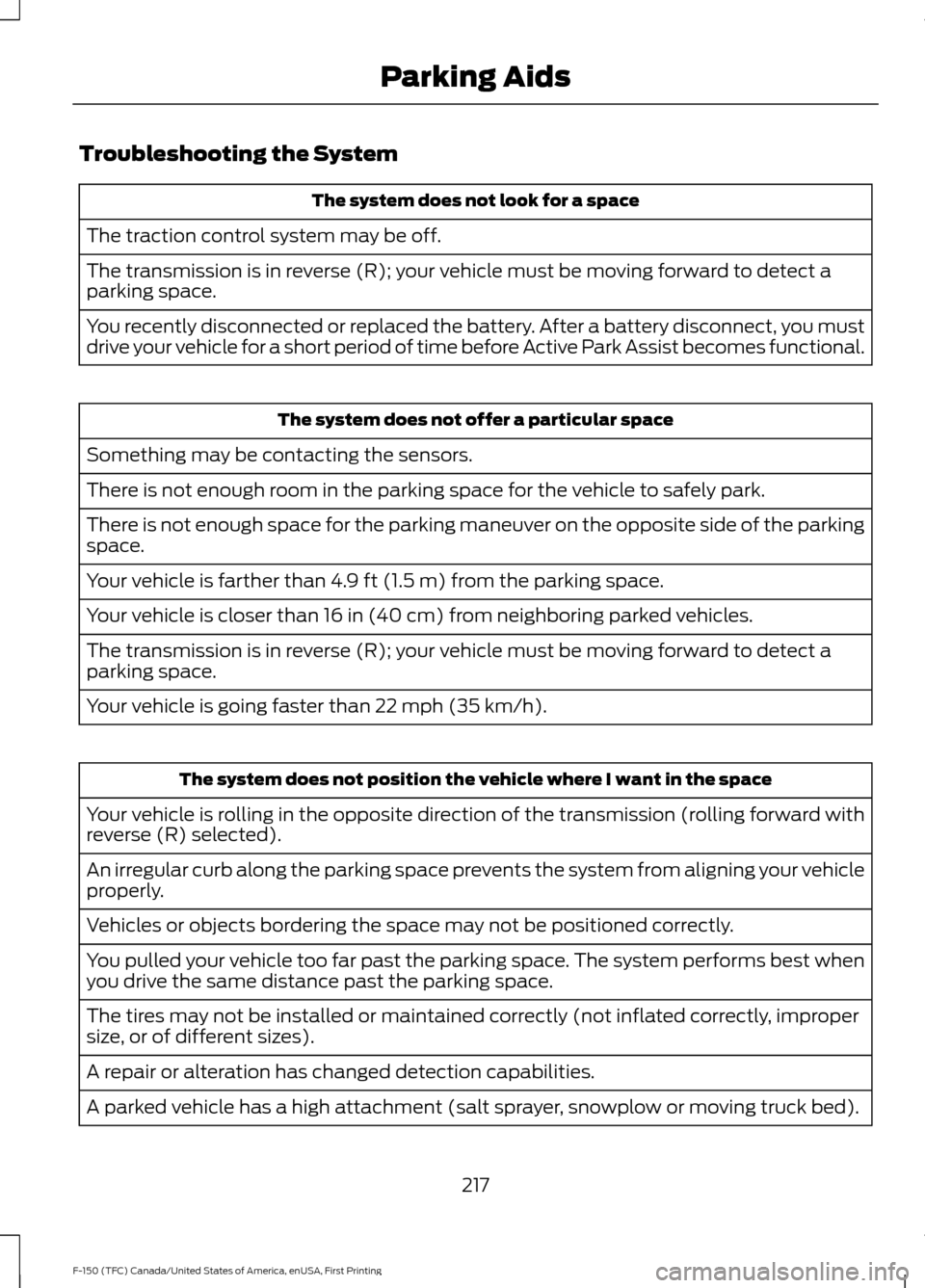 FORD F150 2017 13.G Owners Manual Troubleshooting the System
The system does not look for a space
The traction control system may be off.
The transmission is in reverse (R); your vehicle must be moving forward to detect a
parking spac