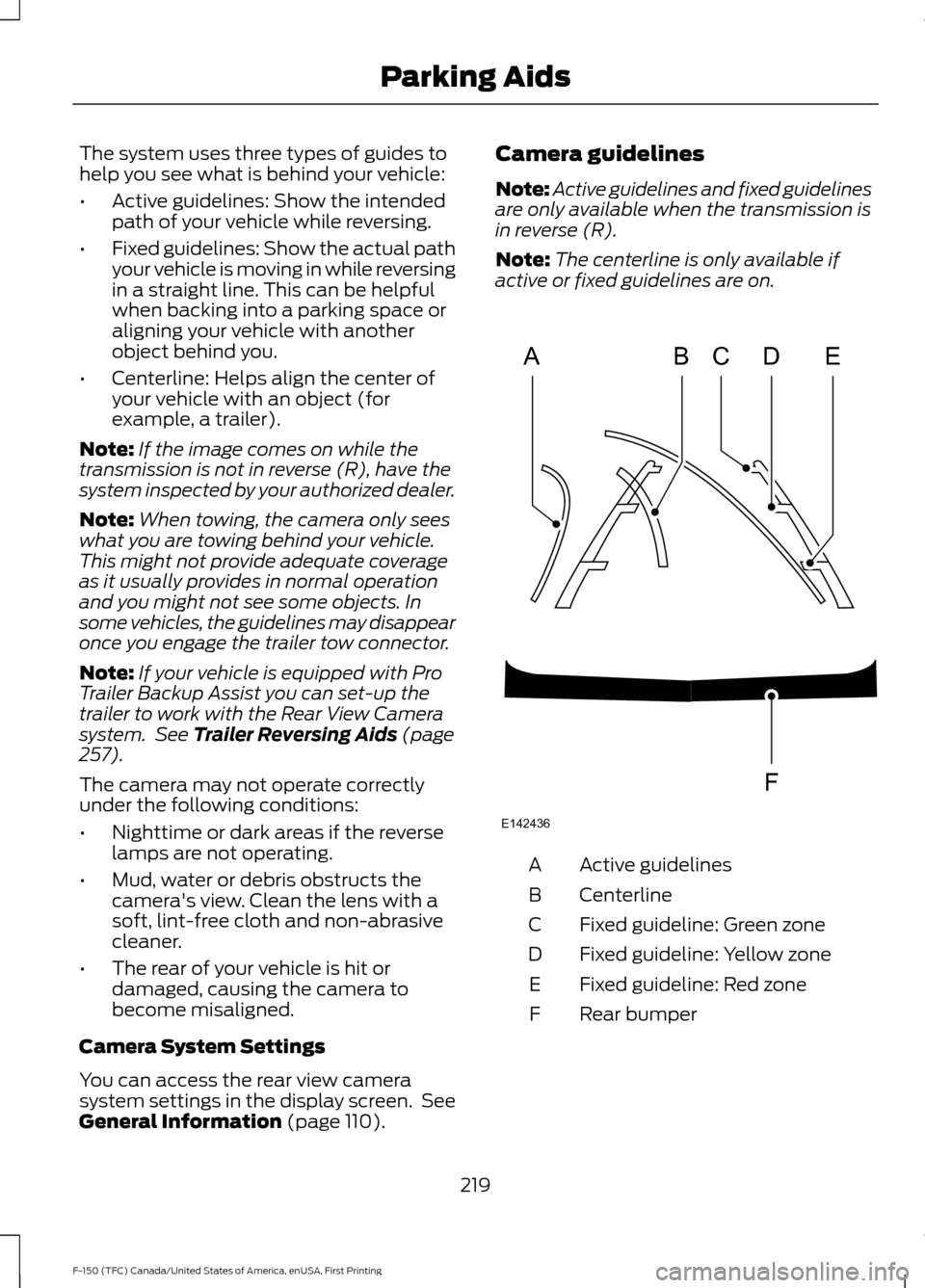 FORD F150 2017 13.G Owners Manual The system uses three types of guides to
help you see what is behind your vehicle:
•
Active guidelines: Show the intended
path of your vehicle while reversing.
• Fixed guidelines: Show the actual 