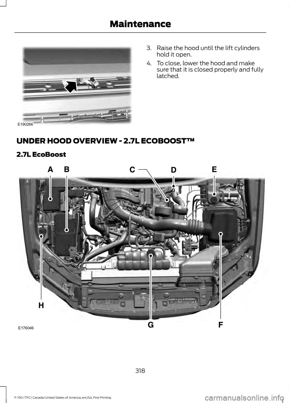 FORD F150 2017 13.G Owners Manual 3. Raise the hood until the lift cylinders
hold it open.
4. To close, lower the hood and make sure that it is closed properly and fully
latched.
UNDER HOOD OVERVIEW - 2.7L ECOBOOST™
2.7L EcoBoost 31 FORD F150 2017 13.G Owners Manual 3. Raise the hood until the lift cylinders
hold it open.
4. To close, lower the hood and make sure that it is closed properly and fully
latched.
UNDER HOOD OVERVIEW - 2.7L ECOBOOST™
2.7L EcoBoost 31