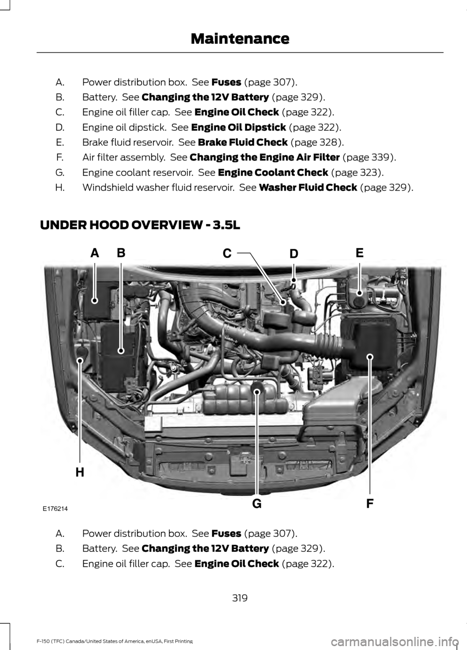FORD F150 2017 13.G Owners Manual Power distribution box.  See Fuses (page 307).
A.
Battery.  See 
Changing the 12V Battery (page 329).
B.
Engine oil filler cap.  See 
Engine Oil Check (page 322).
C.
Engine oil dipstick.  See 
Engine 