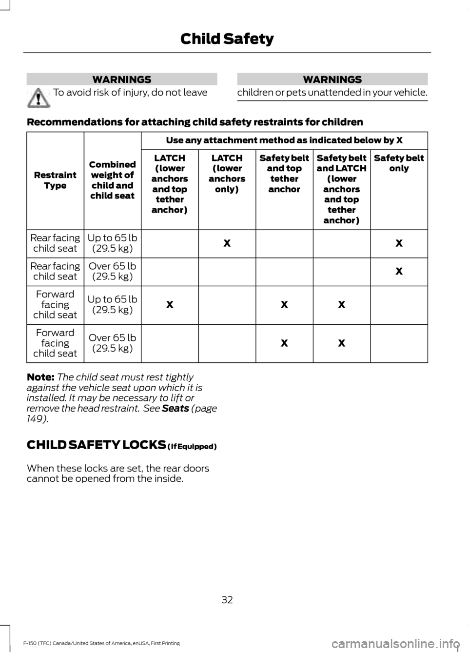 FORD F150 2017 13.G Owners Manual WARNINGS
To avoid risk of injury, do not leave WARNINGS
children or pets unattended in your vehicle. Recommendations for attaching child safety restraints for children
Use any attachment method as ind