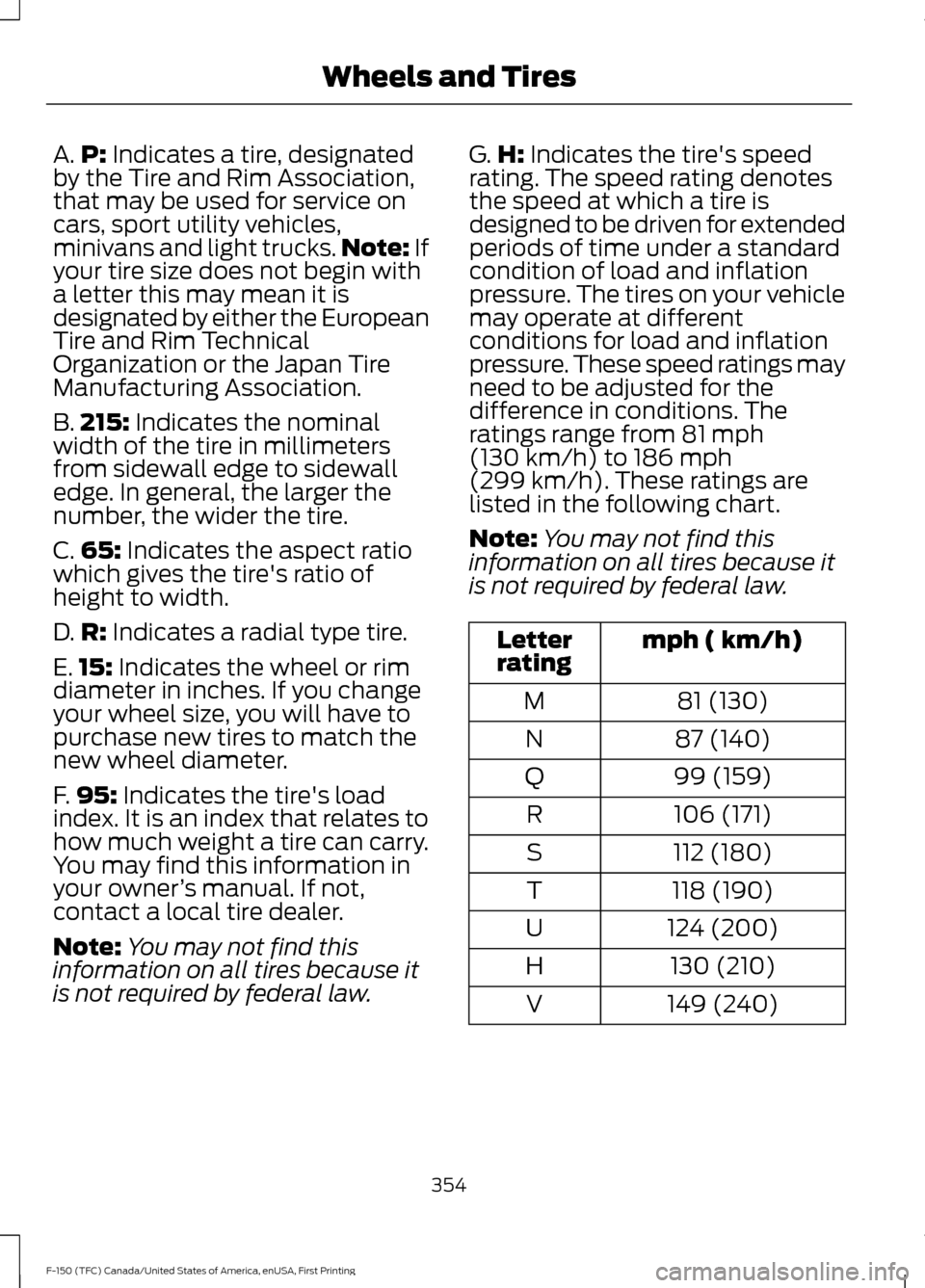 FORD F150 2017 13.G Owners Manual A.
P: Indicates a tire, designated
by the Tire and Rim Association,
that may be used for service on
cars, sport utility vehicles,
minivans and light trucks. Note:
 If
your tire size does not begin wit