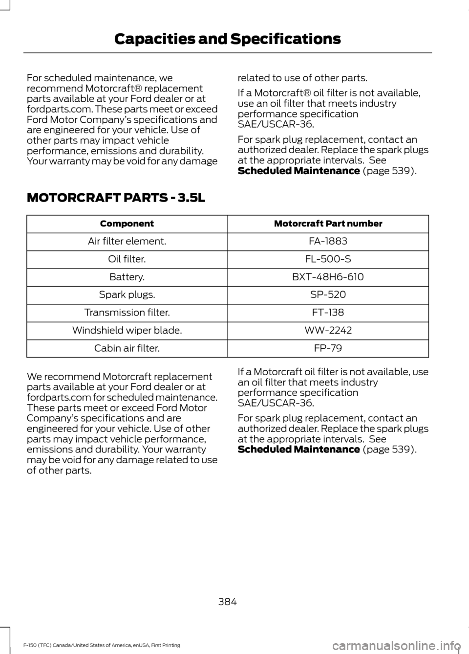 FORD F150 2017 13.G Owners Manual For scheduled maintenance, we
recommend Motorcraft® replacement
parts available at your Ford dealer or at
fordparts.com. These parts meet or exceed
Ford Motor Company
’s specifications and
are engi FORD F150 2017 13.G Owners Manual For scheduled maintenance, we
recommend Motorcraft® replacement
parts available at your Ford dealer or at
fordparts.com. These parts meet or exceed
Ford Motor Company
’s specifications and
are engi