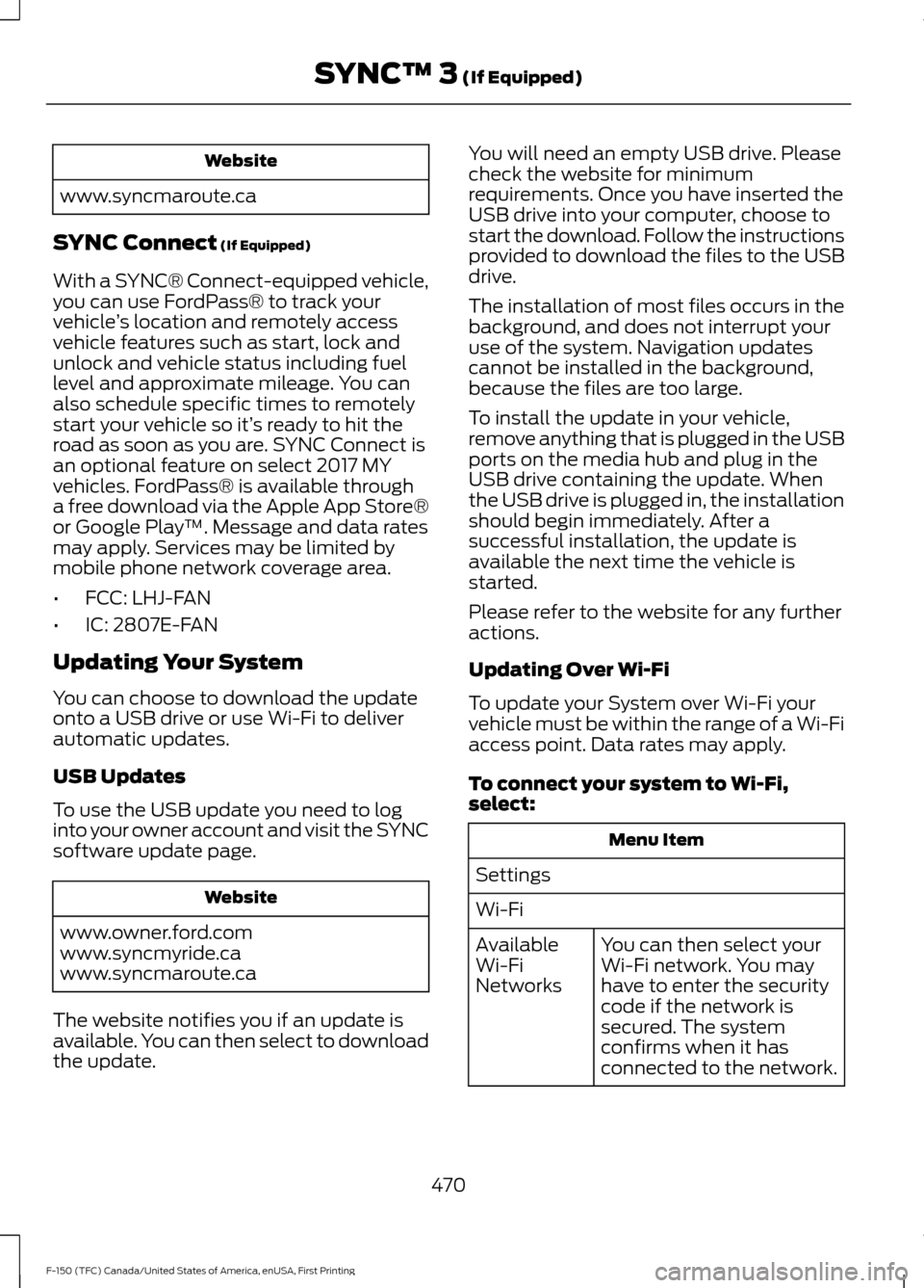 FORD F150 2017 13.G Owners Manual Website
www.syncmaroute.ca
SYNC Connect (If Equipped)
With a SYNC® Connect-equipped vehicle,
you can use FordPass® to track your
vehicle ’s location and remotely access
vehicle features such as st FORD F150 2017 13.G Owners Manual Website
www.syncmaroute.ca
SYNC Connect (If Equipped)
With a SYNC® Connect-equipped vehicle,
you can use FordPass® to track your
vehicle ’s location and remotely access
vehicle features such as st
