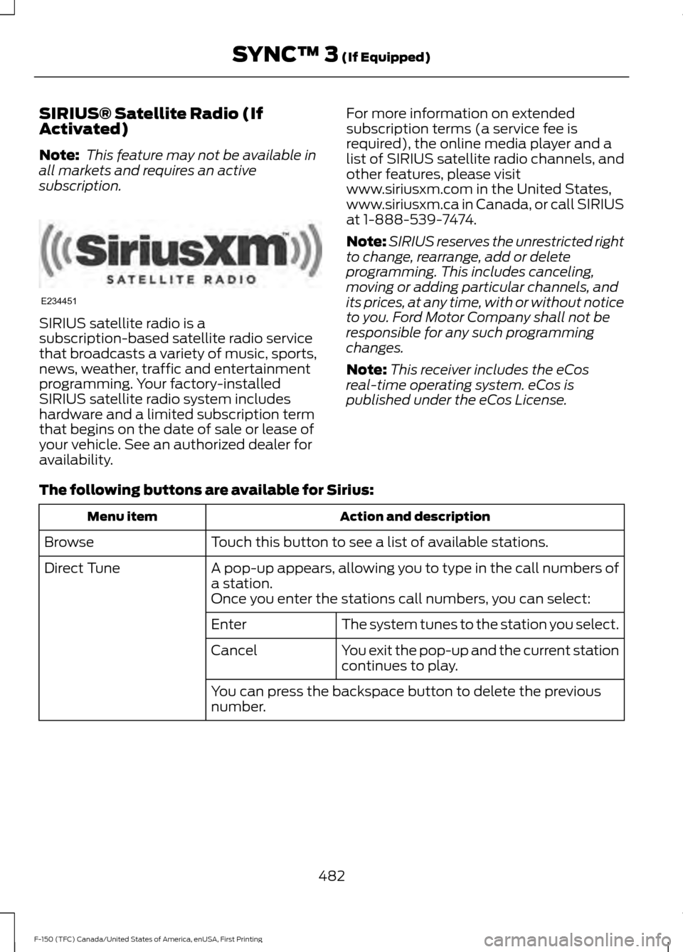 FORD F150 2017 13.G Owners Manual SIRIUS® Satellite Radio (If
Activated)
Note:
 This feature may not be available in
all markets and requires an active
subscription. SIRIUS satellite radio is a
subscription-based satellite radio serv