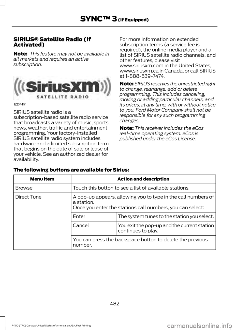 FORD F150 2017 13.G Owners Manual SIRIUS® Satellite Radio (If
Activated)
Note:
This feature may not be available in
all markets and requires an active
subscription. SIRIUS satellite radio is a
subscription-based satellite radio serv FORD F150 2017 13.G Owners Manual SIRIUS® Satellite Radio (If
Activated)
Note:
This feature may not be available in
all markets and requires an active
subscription. SIRIUS satellite radio is a
subscription-based satellite radio serv