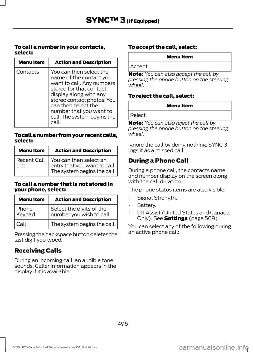 FORD F150 2017 13.G Owners Manual To call a number in your contacts,
select:
Action and Description
Menu Item
You can then select the
name of the contact you
want to call. Any numbers
stored for that contact
display along with any
sto FORD F150 2017 13.G Owners Manual To call a number in your contacts,
select:
Action and Description
Menu Item
You can then select the
name of the contact you
want to call. Any numbers
stored for that contact
display along with any
sto