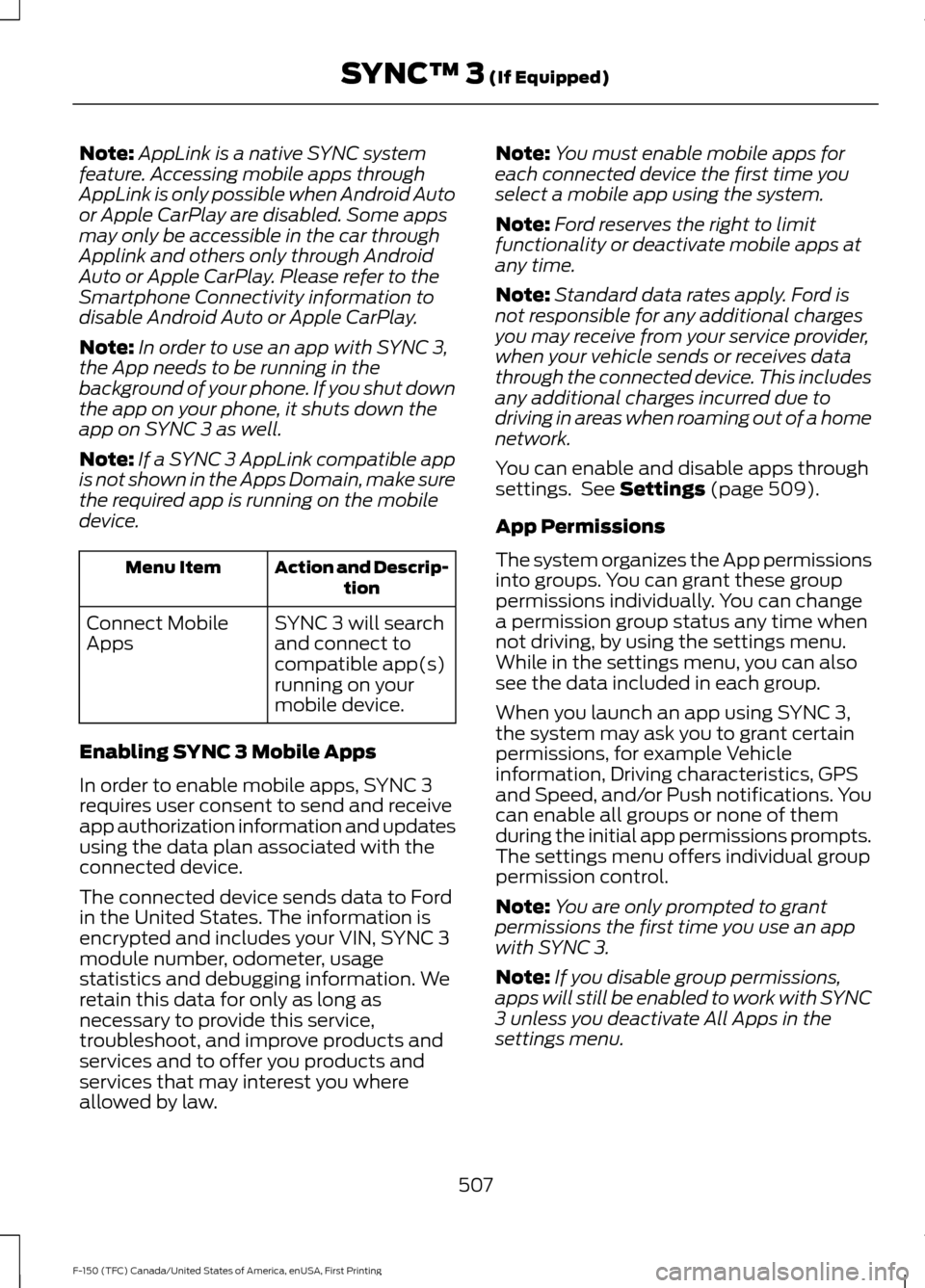 FORD F150 2017 13.G Owners Manual Note:
AppLink is a native SYNC system
feature. Accessing mobile apps through
AppLink is only possible when Android Auto
or Apple CarPlay are disabled. Some apps
may only be accessible in the car throu FORD F150 2017 13.G Owners Manual Note:
AppLink is a native SYNC system
feature. Accessing mobile apps through
AppLink is only possible when Android Auto
or Apple CarPlay are disabled. Some apps
may only be accessible in the car throu