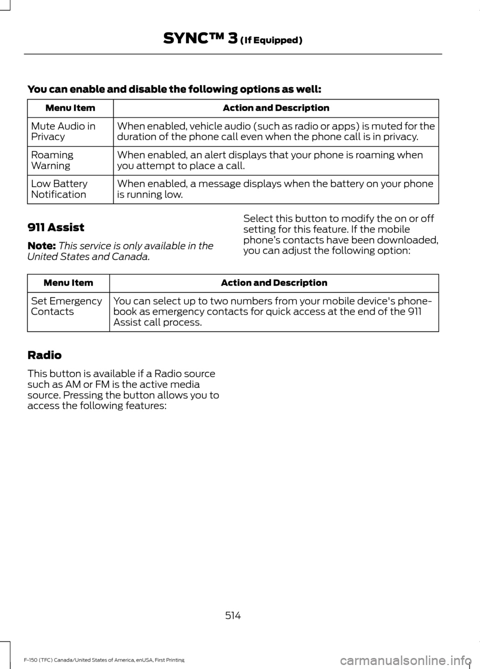 FORD F150 2017 13.G Owners Manual You can enable and disable the following options as well:
Action and Description
Menu Item
When enabled, vehicle audio (such as radio or apps) is muted for the
duration of the phone call even when the FORD F150 2017 13.G Owners Manual You can enable and disable the following options as well:
Action and Description
Menu Item
When enabled, vehicle audio (such as radio or apps) is muted for the
duration of the phone call even when the