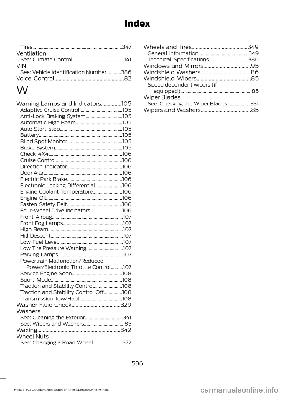 FORD F150 2017 13.G Owners Manual Tires........................................................................\
.
347
Ventilation See: Climate Control.......................................... 141
VIN See: Vehicle Identification Numb