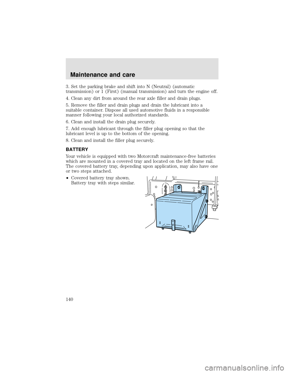 FORD F650 2000 10.G Owners Manual 3. Set the parking brake and shift into N (Neutral) (automatic
transmission) or 1 (First) (manual transmission) and turn the engine off.
4. Clean any dirt from around the rear axle filler and drain pl