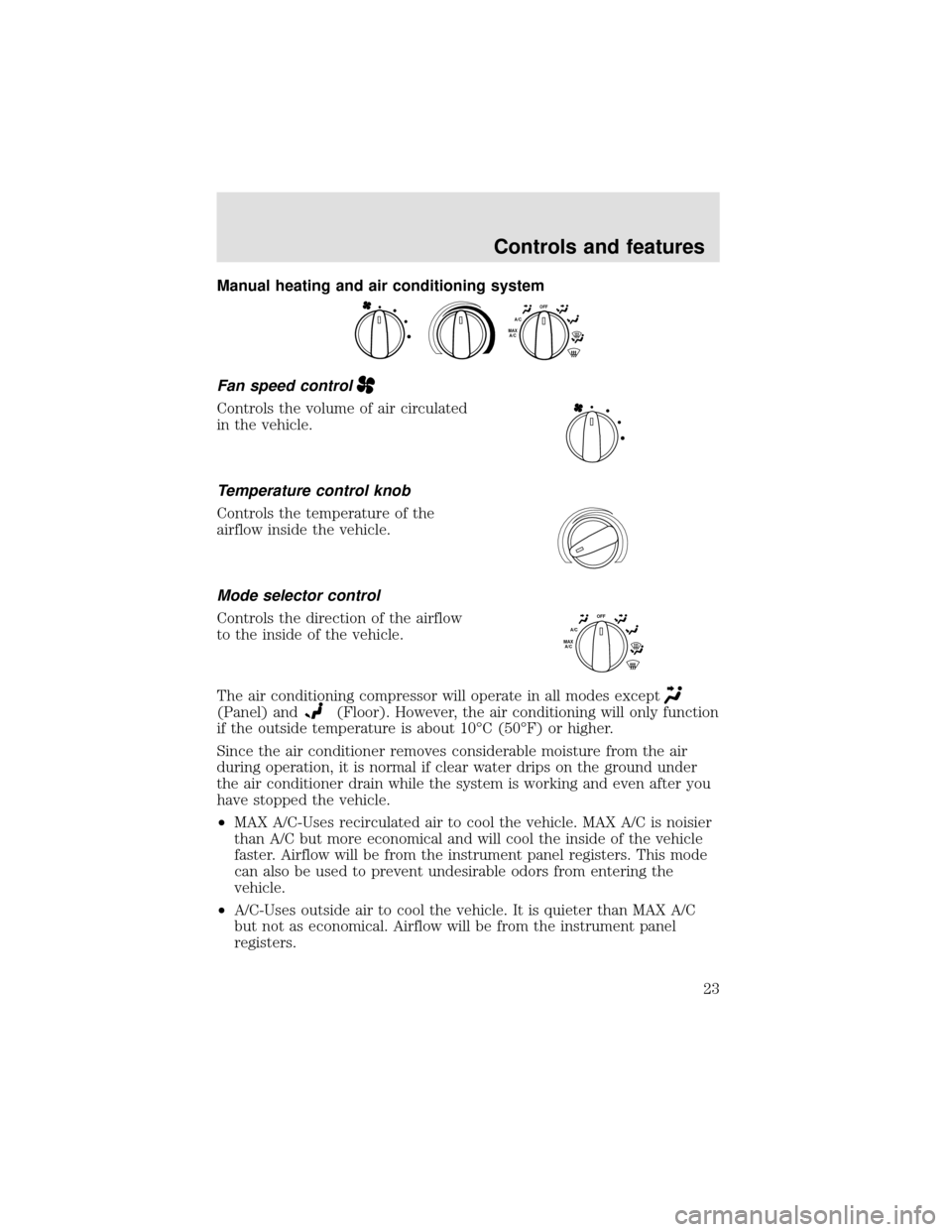 FORD F650 2000 10.G Owners Manual Manual heating and air conditioning system
Fan speed control
Controls the volume of air circulated
in the vehicle.
Temperature control knob
Controls the temperature of the
airflow inside the vehicle.
