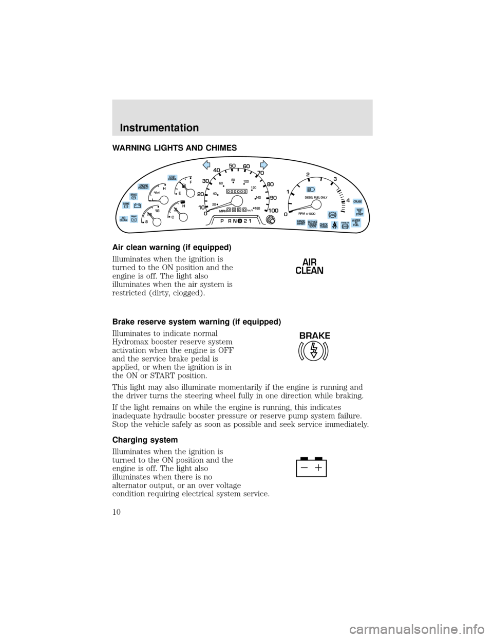FORD F650 2000 10.G Owners Manual WARNING LIGHTS AND CHIMES
Air clean warning (if equipped)
Illuminates when the ignition is
turned to the ON position and the
engine is off. The light also
illuminates when the air system is
restricted