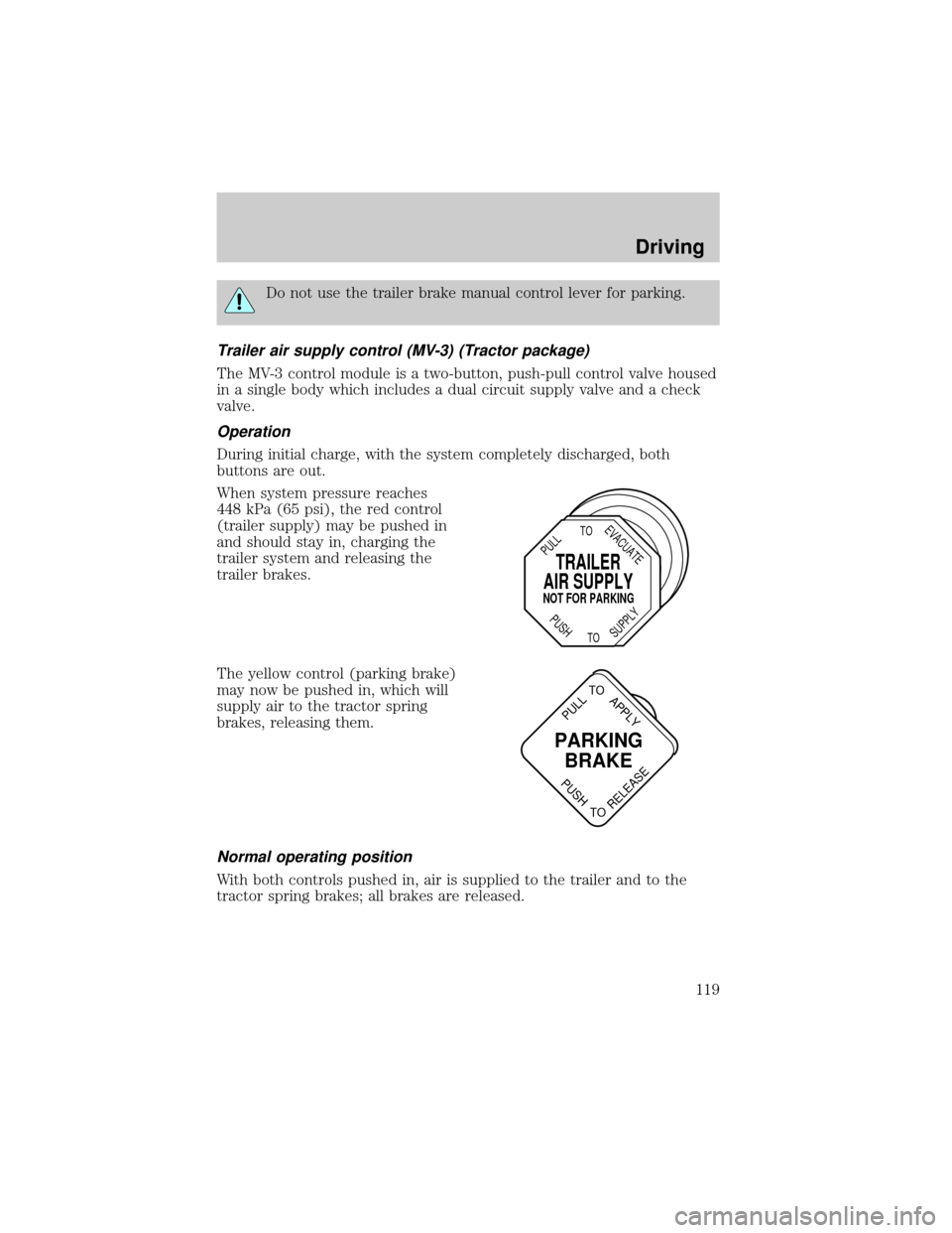 FORD F650 2001 10.G Owners Manual Do not use the trailer brake manual control lever for parking.
Trailer air supply control (MV-3) (Tractor package)
The MV-3 control module is a two-button, push-pull control valve housed
in a single b