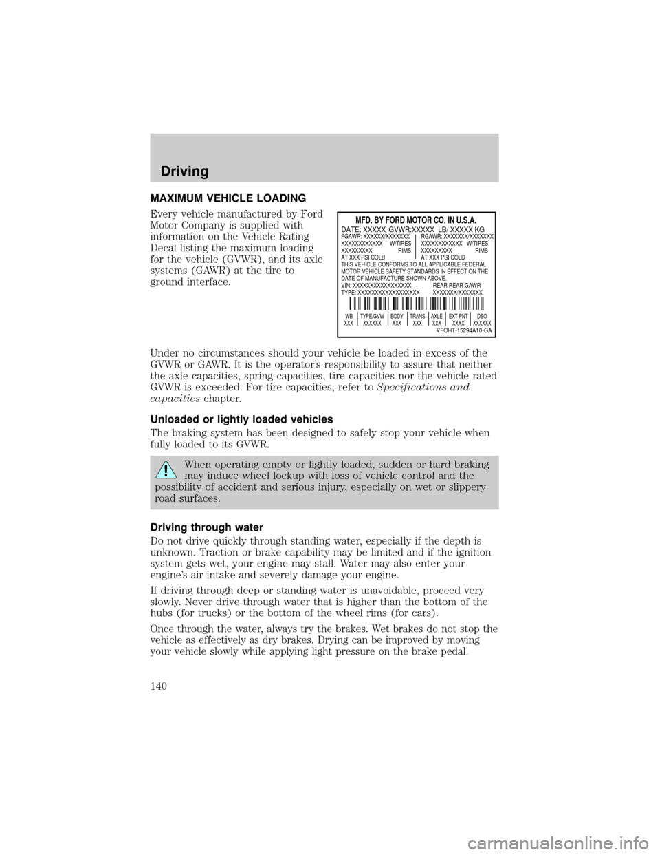 FORD F650 2001 10.G User Guide MAXIMUM VEHICLE LOADING
Every vehicle manufactured by Ford
Motor Company is supplied with
information on the Vehicle Rating
Decal listing the maximum loading
for the vehicle (GVWR), and its axle
syste