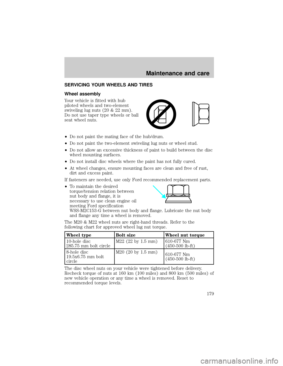 FORD F650 2001 10.G Owners Manual SERVICING YOUR WHEELS AND TIRES
Wheel assembly
Your vehicle is fitted with hub
piloted wheels and two-element
swiveling lug nuts (20 & 22 mm).
Do not use taper type wheels or ball
seat wheel nuts.
²D