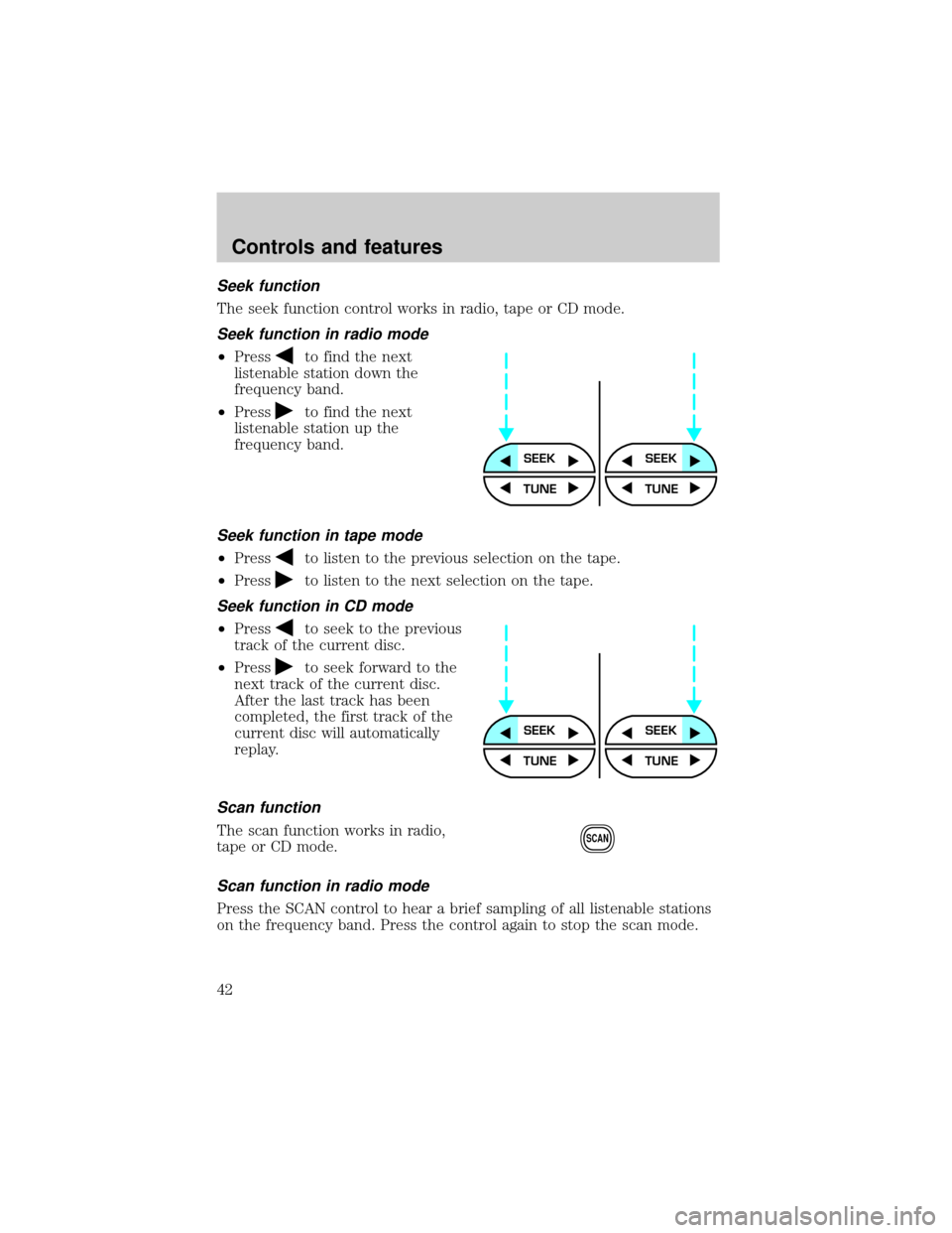 FORD F650 2001 10.G Service Manual Seek function
The seek function control works in radio, tape or CD mode.
Seek function in radio mode
²Pressto find the next
listenable station down the
frequency band.
²Press
to find the next
listen