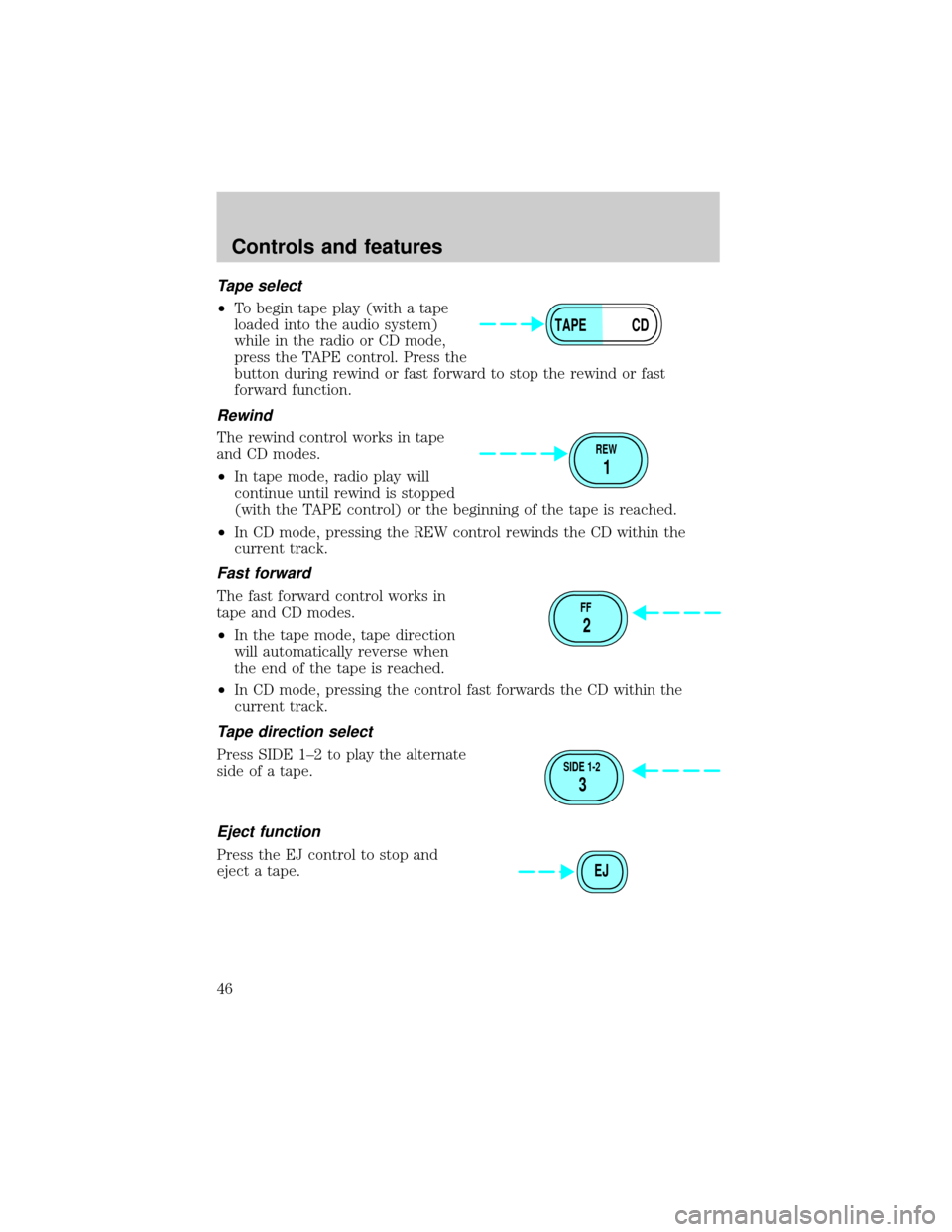 FORD F650 2001 10.G Service Manual Tape select
²To begin tape play (with a tape
loaded into the audio system)
while in the radio or CD mode,
press the TAPE control. Press the
button during rewind or fast forward to stop the rewind or 