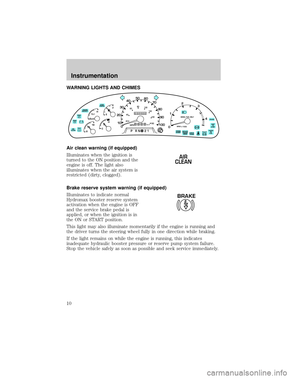 FORD F650 2001 10.G Owners Manual WARNING LIGHTS AND CHIMES
Air clean warning (if equipped)
Illuminates when the ignition is
turned to the ON position and the
engine is off. The light also
illuminates when the air system is
restricted FORD F650 2001 10.G Owners Manual WARNING LIGHTS AND CHIMES
Air clean warning (if equipped)
Illuminates when the ignition is
turned to the ON position and the
engine is off. The light also
illuminates when the air system is
restricted