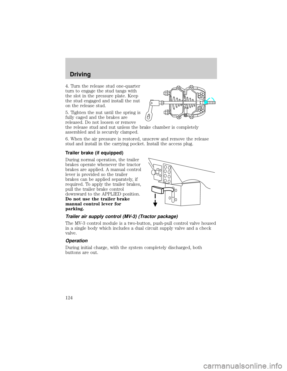 FORD F750 2002 10.G Owners Manual 4. Turn the release stud one-quarter
turn to engage the stud tangs with
the slot in the pressure plate. Keep
the stud engaged and install the nut
on the release stud.
5. Tighten the nut until the spri FORD F750 2002 10.G Owners Manual 4. Turn the release stud one-quarter
turn to engage the stud tangs with
the slot in the pressure plate. Keep
the stud engaged and install the nut
on the release stud.
5. Tighten the nut until the spri