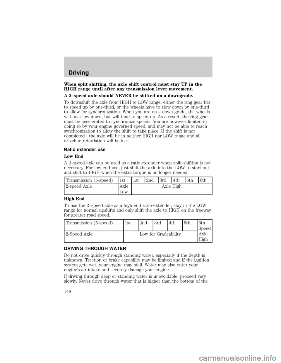 FORD F650 2002 10.G Owners Manual When split shifting, the axle shift control must stay UP in the
HIGH range until after any transmission lever movement.
A 2±speed axle should NEVER be shifted on a downgrade.
To downshift the axle fr