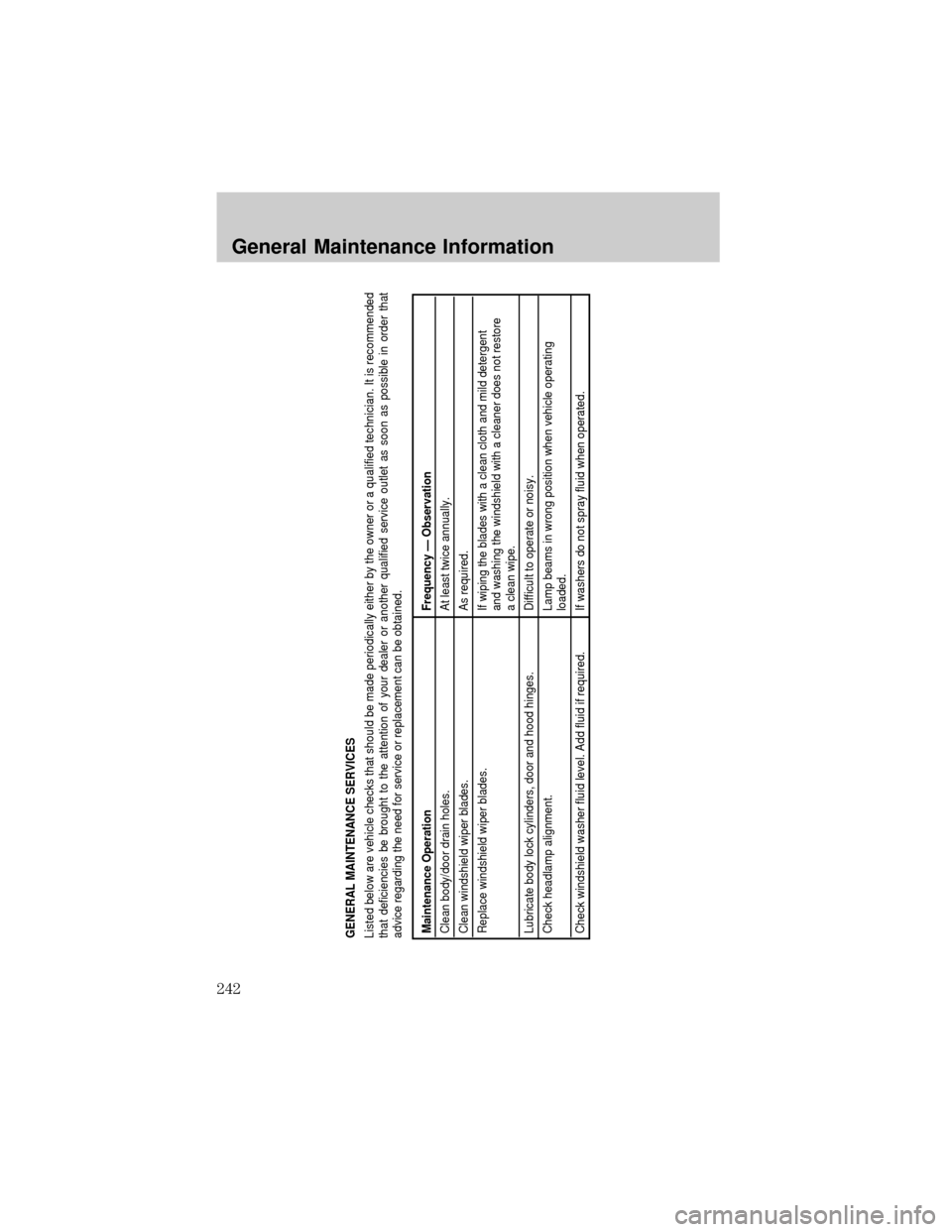 FORD F650 2002 10.G Owners Manual Maintenance Operation                                 Frequency — ObservationClean body/door drain holes.
Clean windshield wiper blades.
Replace windshield wiper blades.
Lubricate body lock cylinder