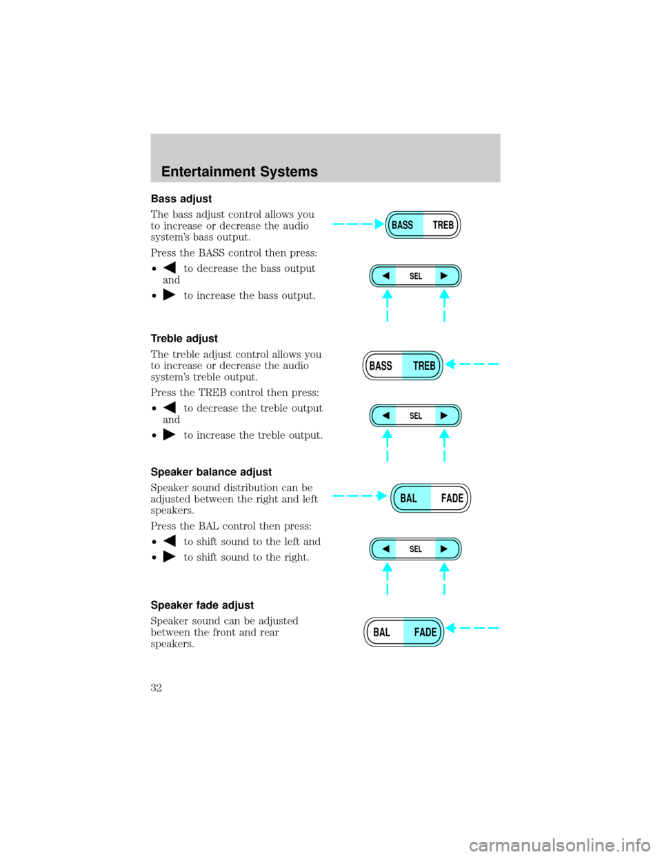 FORD F750 2002 10.G Owners Guide Bass adjust
The bass adjust control allows you
to increase or decrease the audio
systems bass output.
Press the BASS control then press:
²
to decrease the bass output
and
²
to increase the bass out