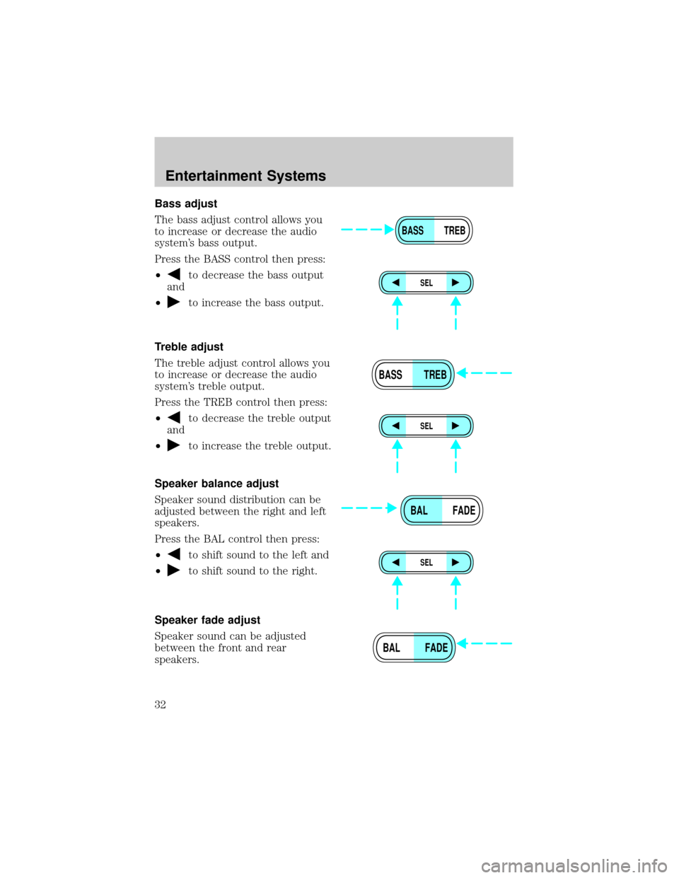FORD F650 2002 10.G Owners Guide Bass adjust
The bass adjust control allows you
to increase or decrease the audio
systems bass output.
Press the BASS control then press:
²
to decrease the bass output
and
²
to increase the bass out
