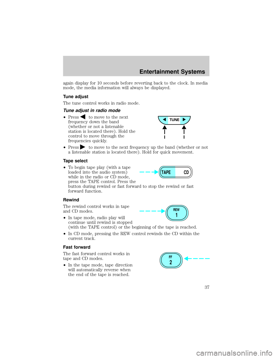 FORD F750 2002 10.G Owners Manual again display for 10 seconds before reverting back to the clock. In media
mode, the media information will always be displayed.
Tune adjust
The tune control works in radio mode.
Tune adjust in radio m