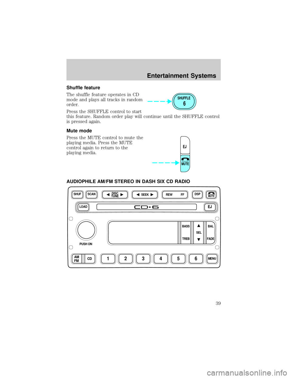 FORD F750 2002 10.G Owners Guide Shuffle feature
The shuffle feature operates in CD
mode and plays all tracks in random
order.
Press the SHUFFLE control to start
this feature. Random order play will continue until the SHUFFLE control