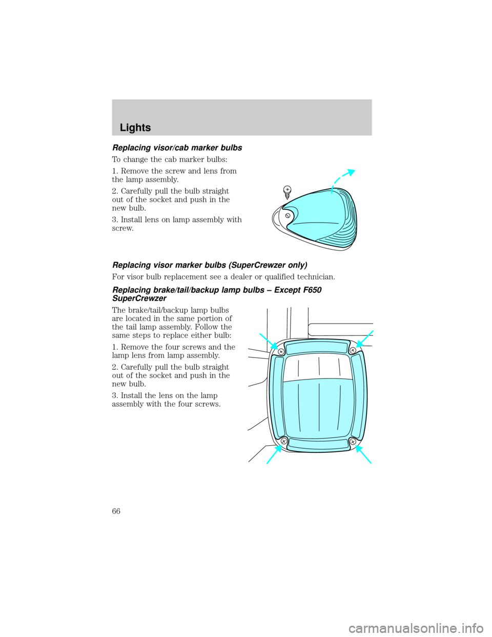 FORD F750 2002 10.G Owners Manual Replacing visor/cab marker bulbs
To change the cab marker bulbs:
1. Remove the screw and lens from
the lamp assembly.
2. Carefully pull the bulb straight
out of the socket and push in the
new bulb.
3.