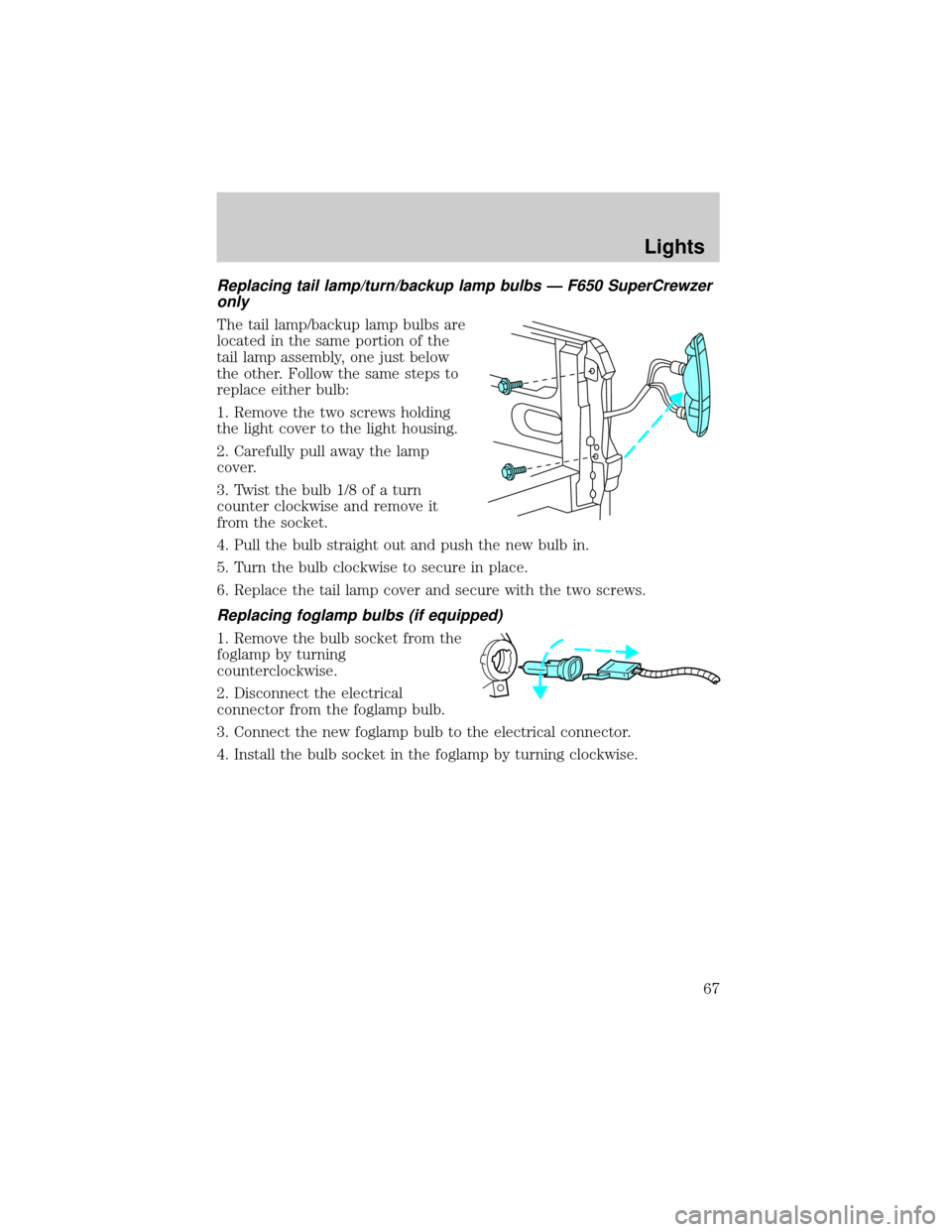 FORD F650 2002 10.G Owners Manual Replacing tail lamp/turn/backup lamp bulbs Ð F650 SuperCrewzer
only
The tail lamp/backup lamp bulbs are
located in the same portion of the
tail lamp assembly, one just below
the other. Follow the sam