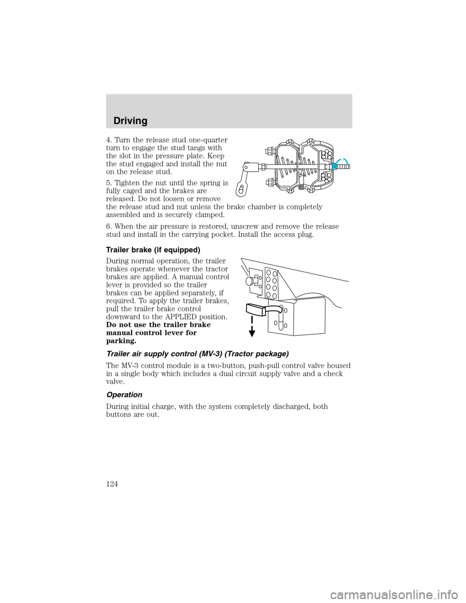 FORD F650 2003 10.G Owners Manual 4. Turn the release stud one-quarter
turn to engage the stud tangs with
the slot in the pressure plate. Keep
the stud engaged and install the nut
on the release stud.
5. Tighten the nut until the spri