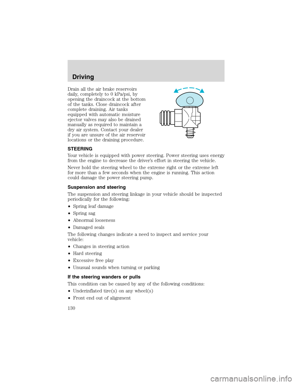 FORD F750 2003 10.G Owners Manual Drain all the air brake reservoirs
daily, completely to 0 kPa/psi, by
opening the draincock at the bottom
of the tanks. Close draincock after
complete draining. Air tanks
equipped with automatic moist