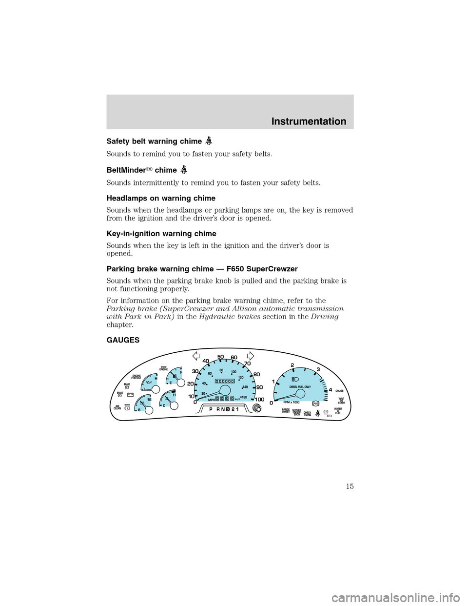 FORD F750 2003 10.G Owners Manual Safety belt warning chime
Sounds to remind you to fasten your safety belts.
BeltMinderchime
Sounds intermittently to remind you to fasten your safety belts.
Headlamps on warning chime
Sounds when the