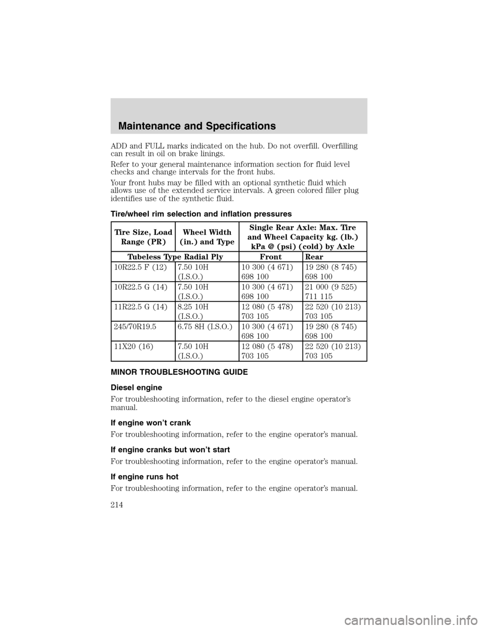 FORD F750 2003 10.G Owners Manual ADD and FULL marks indicated on the hub. Do not overfill. Overfilling
can result in oil on brake linings.
Refer to your general maintenance information section for fluid level
checks and change interv FORD F750 2003 10.G Owners Manual ADD and FULL marks indicated on the hub. Do not overfill. Overfilling
can result in oil on brake linings.
Refer to your general maintenance information section for fluid level
checks and change interv