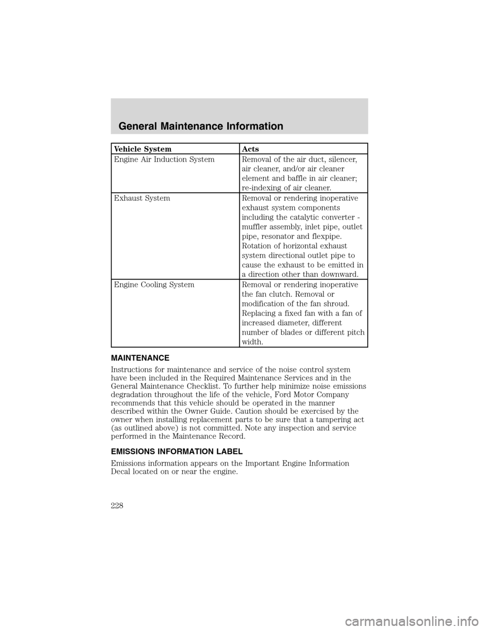 FORD F750 2003 10.G Owners Manual Vehicle System Acts
Engine Air Induction System Removal of the air duct, silencer,
air cleaner, and/or air cleaner
element and baffle in air cleaner;
re-indexing of air cleaner.
Exhaust System Removal FORD F750 2003 10.G Owners Manual Vehicle System Acts
Engine Air Induction System Removal of the air duct, silencer,
air cleaner, and/or air cleaner
element and baffle in air cleaner;
re-indexing of air cleaner.
Exhaust System Removal